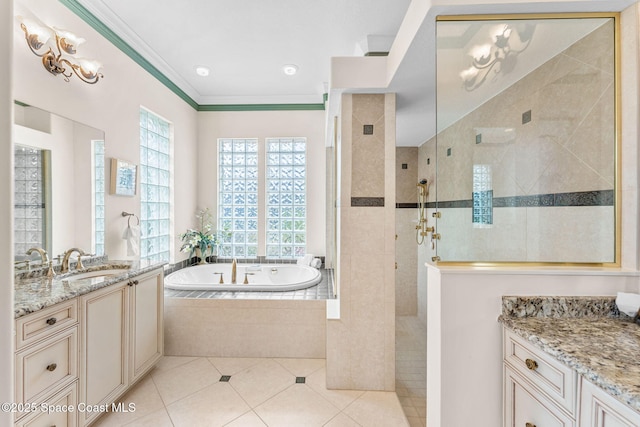 bathroom featuring crown molding, vanity, plus walk in shower, and tile patterned flooring