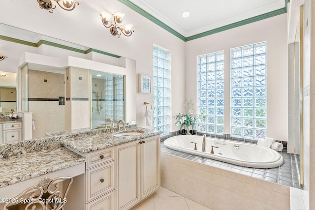 bathroom featuring vanity, tile patterned flooring, ornamental molding, and plus walk in shower