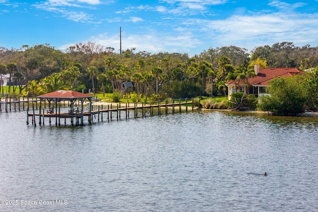 water view featuring a dock