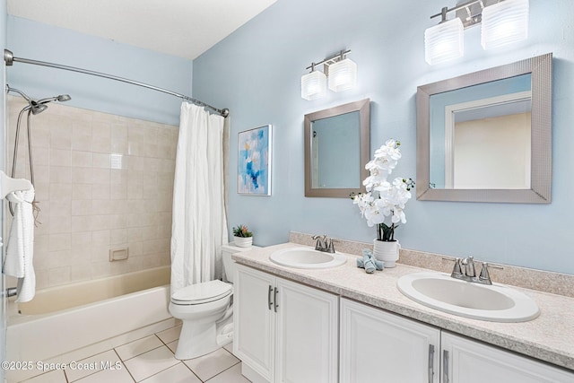 full bathroom with tile patterned floors, vanity, toilet, and shower / tub combo with curtain