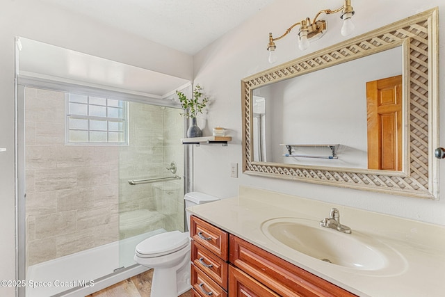 bathroom featuring vanity, an enclosed shower, and toilet