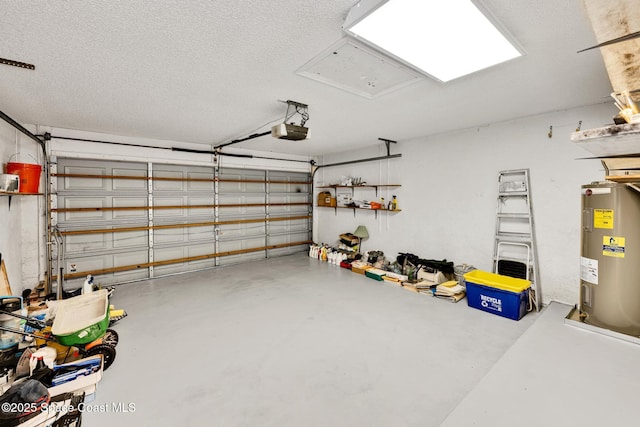 garage with water heater and a garage door opener