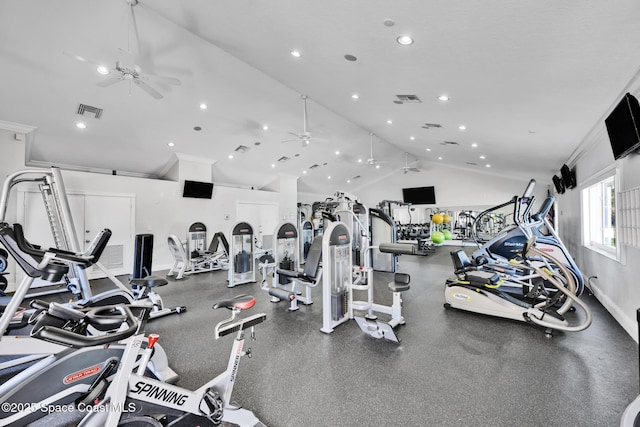 gym with vaulted ceiling, ceiling fan, and ornamental molding