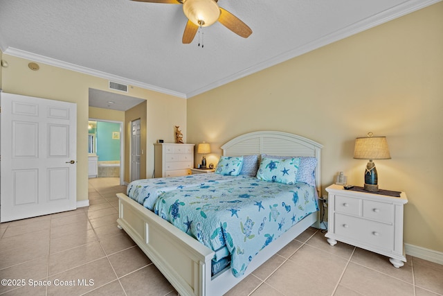 bedroom with ensuite bathroom, ceiling fan, light tile patterned floors, and ornamental molding