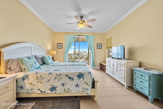 bedroom featuring a textured ceiling, ceiling fan, crown molding, light tile patterned flooring, and access to exterior