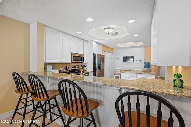 kitchen featuring stainless steel appliances, white cabinetry, light stone counters, and kitchen peninsula