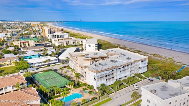 bird's eye view with a beach view and a water view