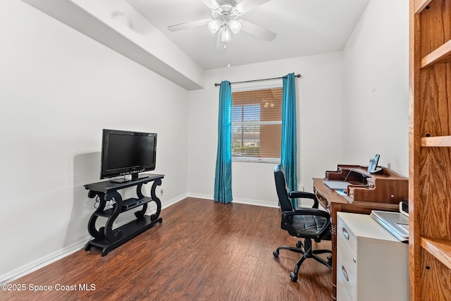 home office featuring dark wood-type flooring and ceiling fan