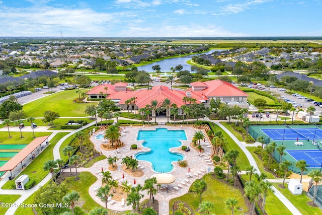 aerial view featuring a water view