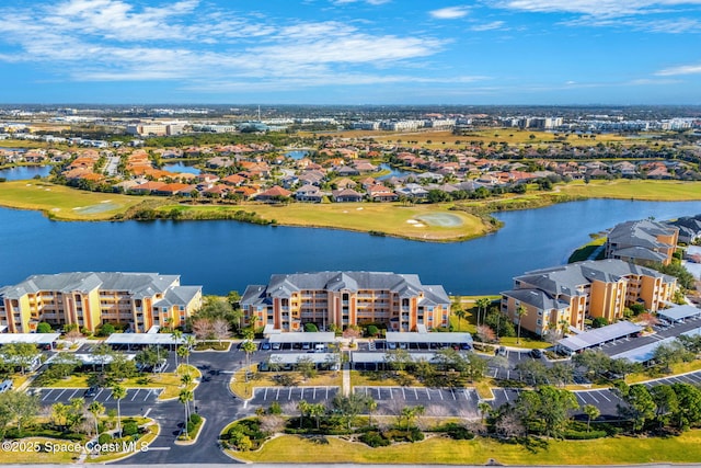 drone / aerial view featuring a water view