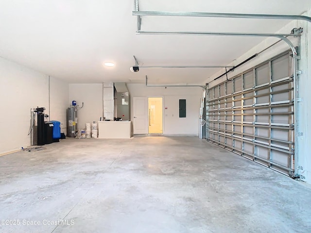 garage featuring water heater, a garage door opener, electric panel, and heating unit