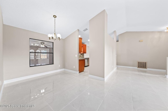 unfurnished dining area featuring light tile patterned floors, lofted ceiling, and a chandelier