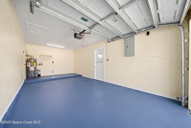 garage with electric water heater, electric panel, and a garage door opener