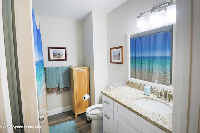 bathroom featuring toilet, vanity, and hardwood / wood-style floors