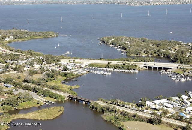 drone / aerial view featuring a water view