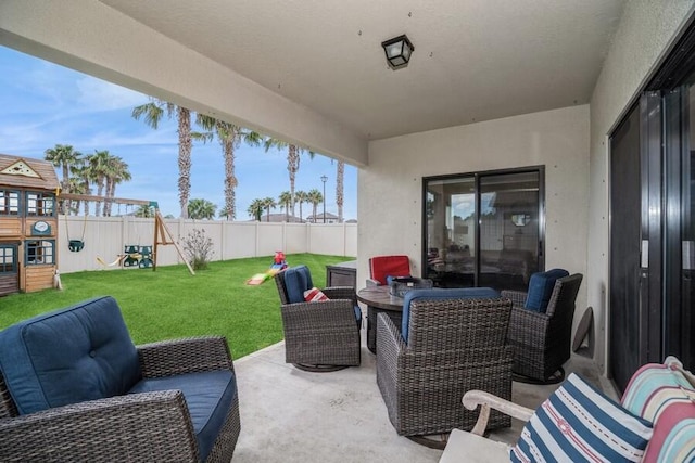 view of patio / terrace with an outdoor hangout area and a playground