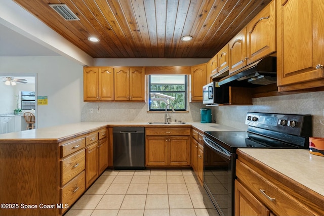 kitchen featuring ceiling fan, kitchen peninsula, decorative backsplash, sink, and appliances with stainless steel finishes