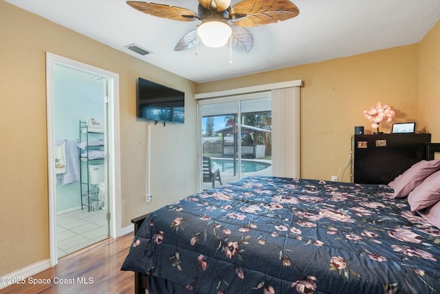 bedroom with ceiling fan, access to exterior, and hardwood / wood-style flooring