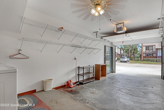 garage with washer / dryer, ceiling fan, and a garage door opener