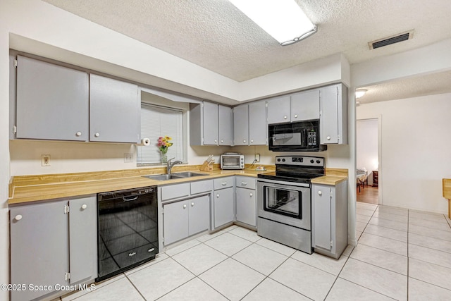 kitchen with sink, black appliances, wooden counters, and gray cabinetry