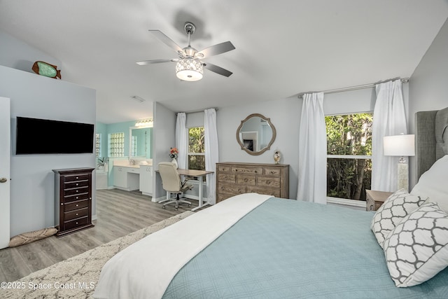 bedroom featuring ceiling fan and light hardwood / wood-style floors