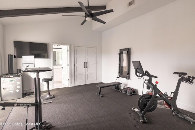 workout area with high vaulted ceiling, light carpet, and ceiling fan