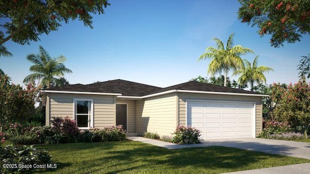 ranch-style house featuring a garage and a front lawn