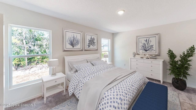 bedroom featuring multiple windows, light carpet, and a textured ceiling