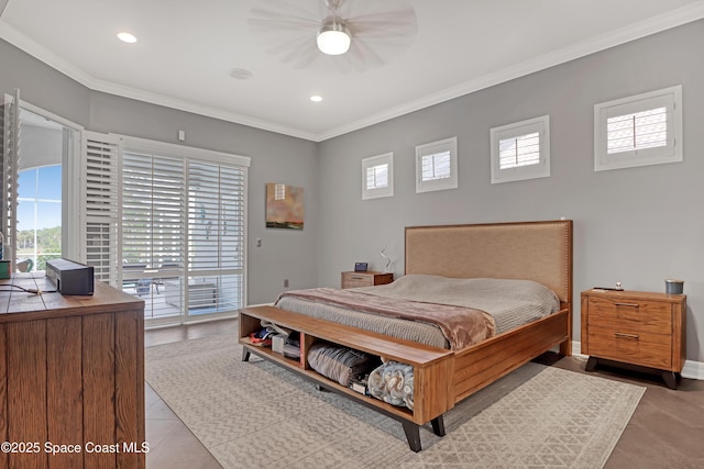 bedroom with ceiling fan, light tile patterned floors, ornamental molding, and access to outside