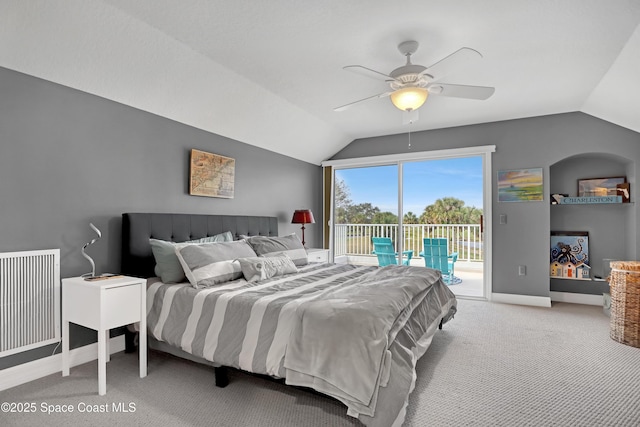 bedroom with access to outside, ceiling fan, lofted ceiling, and light colored carpet