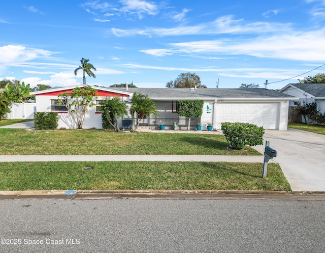 single story home featuring a garage, central AC, and a front lawn