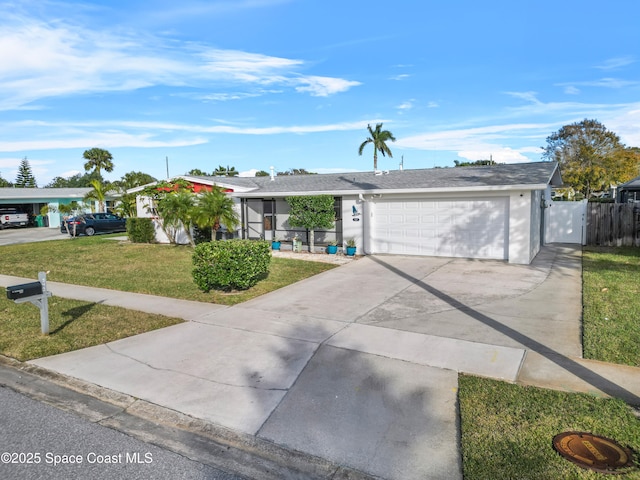 ranch-style home with a garage and a front lawn