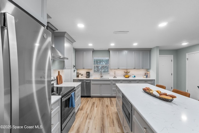 kitchen featuring tasteful backsplash, appliances with stainless steel finishes, sink, and gray cabinetry