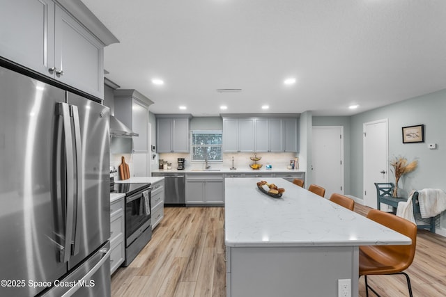 kitchen featuring a kitchen bar, a center island, gray cabinets, stainless steel appliances, and light stone countertops