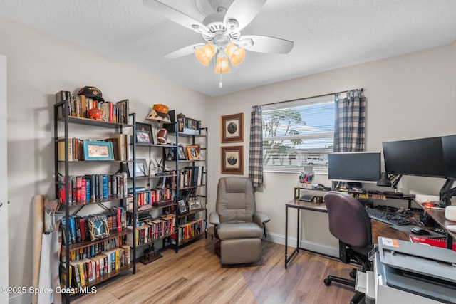 office featuring ceiling fan, light hardwood / wood-style floors, and a textured ceiling