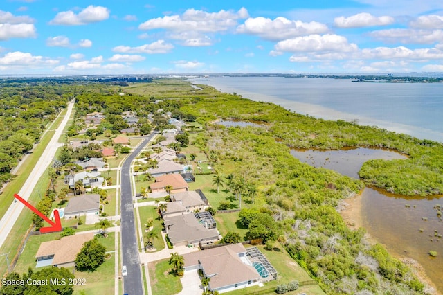 bird's eye view with a water view