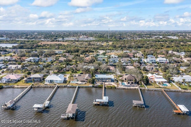 drone / aerial view featuring a water view