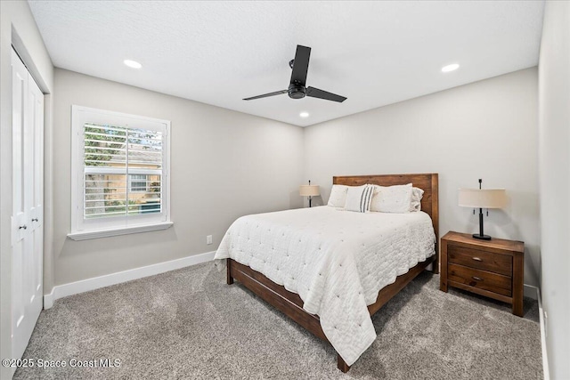 bedroom featuring carpet flooring, a closet, and ceiling fan