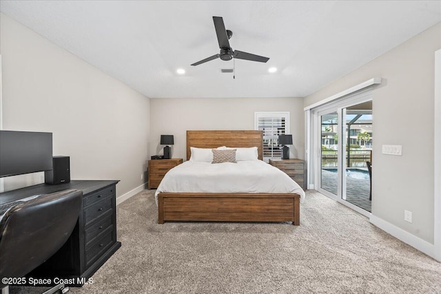 bedroom featuring ceiling fan, carpet, and access to outside