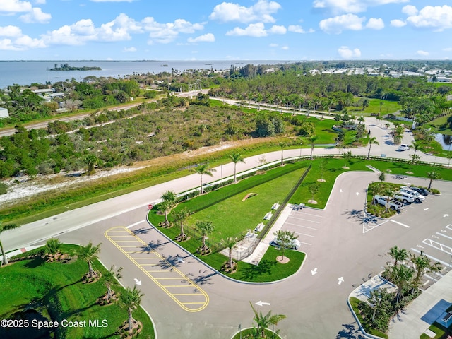 drone / aerial view with a water view