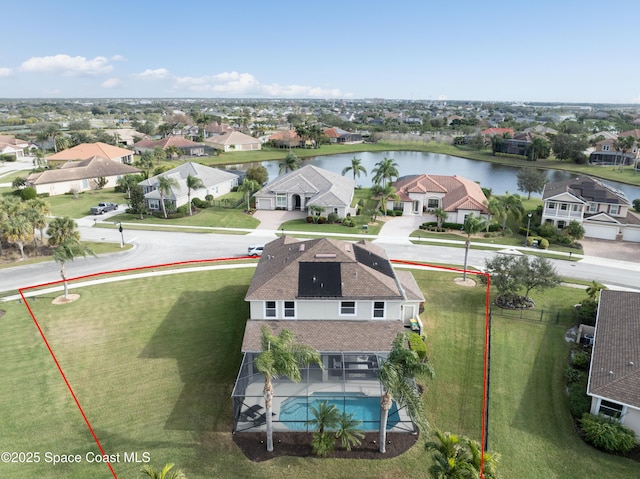 aerial view featuring a water view