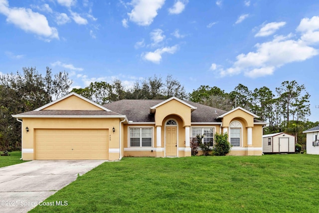 ranch-style home with a front lawn, a garage, and a shed