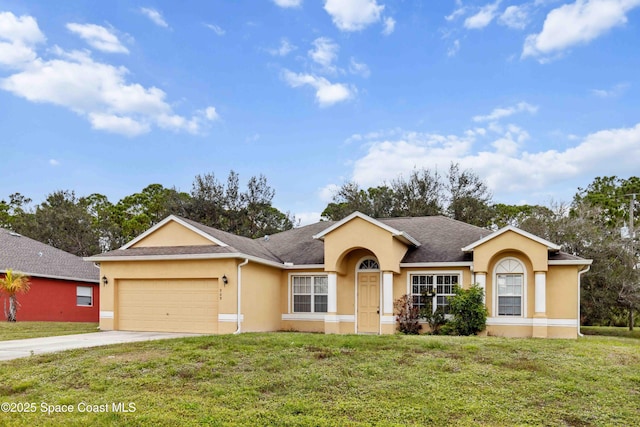 ranch-style house with a front lawn and a garage