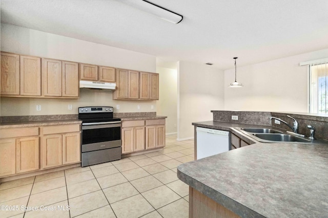 kitchen featuring decorative light fixtures, sink, stainless steel electric range oven, light tile patterned flooring, and white dishwasher