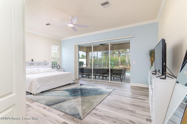 bedroom featuring ceiling fan, light hardwood / wood-style flooring, access to outside, and ornamental molding