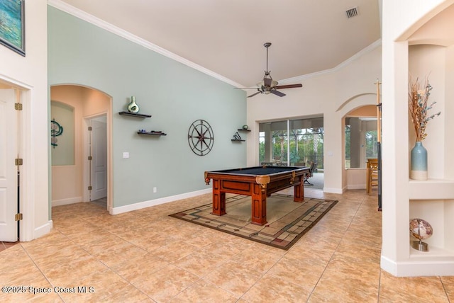 rec room featuring ceiling fan, light tile patterned flooring, crown molding, built in features, and pool table