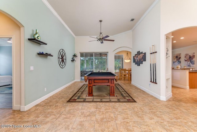 game room with ceiling fan, pool table, crown molding, and light tile patterned flooring