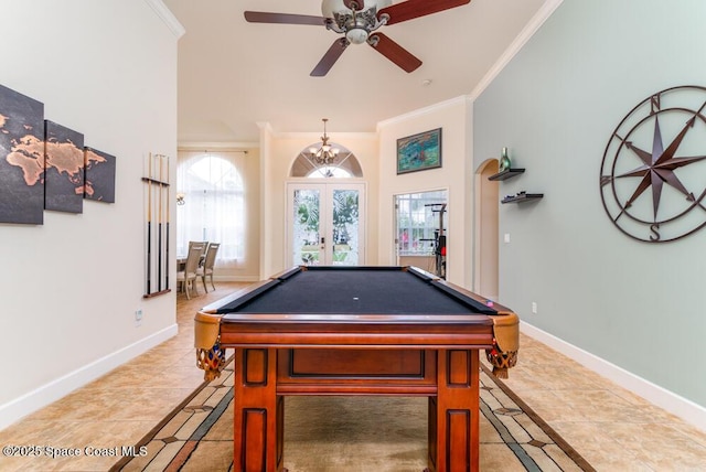 recreation room featuring light tile patterned floors, ceiling fan, french doors, billiards, and crown molding