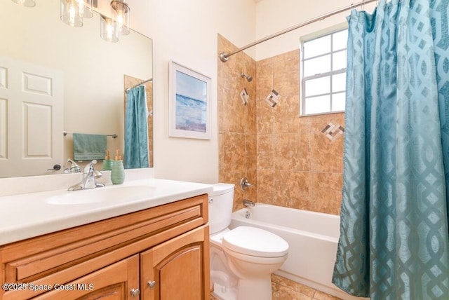 full bathroom with toilet, vanity, tile patterned flooring, and shower / bathtub combination with curtain