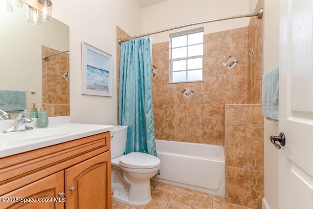 full bathroom featuring toilet, vanity, tile patterned floors, and shower / bath combo with shower curtain